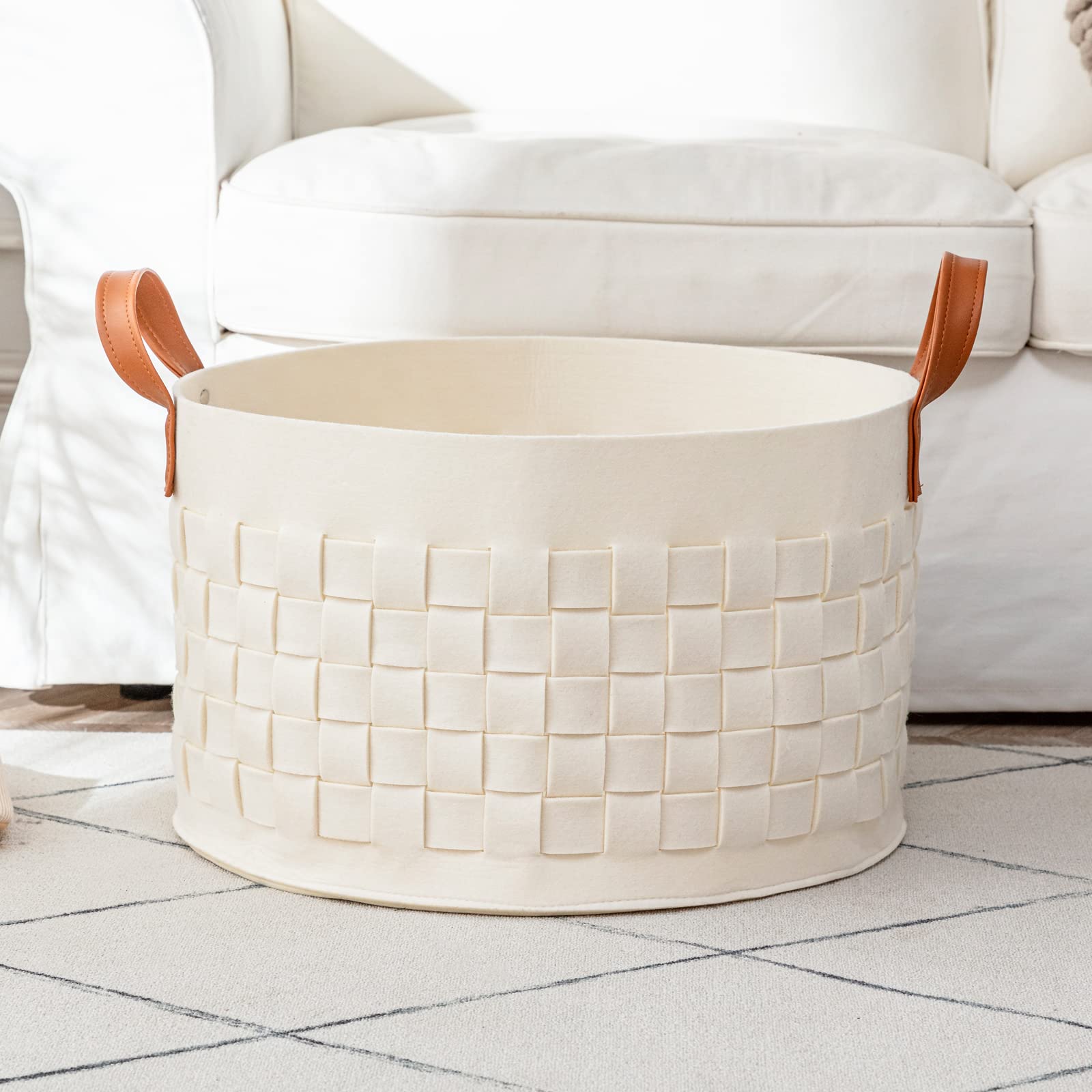 Blanket Basket, Boldmonkey 20'X 20'X13' Xxlarge Woven Felt Laundry Baskets With Handle Nursery Storage Living Room Round For Toy, Clothes, Kids, Bedroom(Beige)